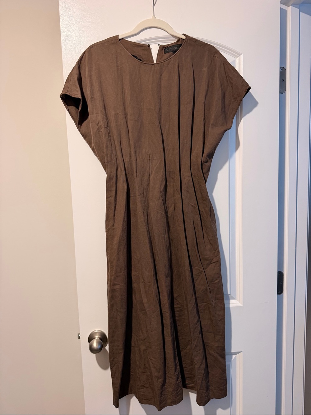 Zara Brown Midi Dress with Pleated Skirt